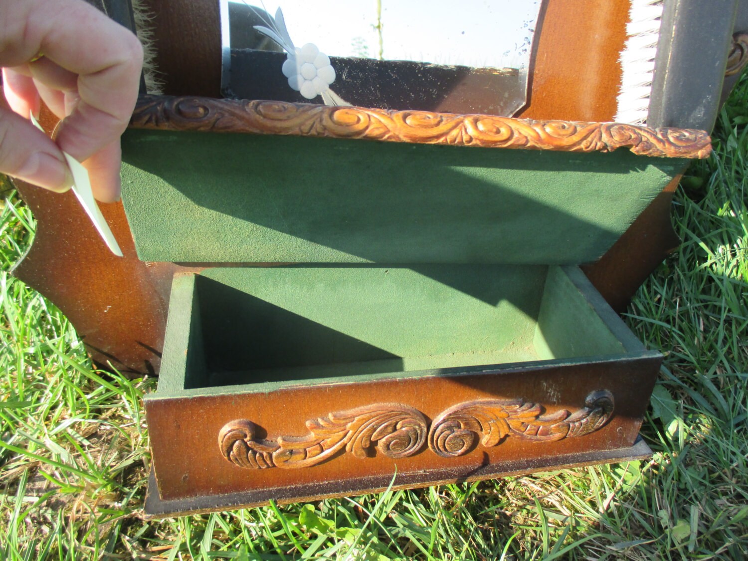 Vintage French Carved Wood Medicine Mirror Combs Dish
