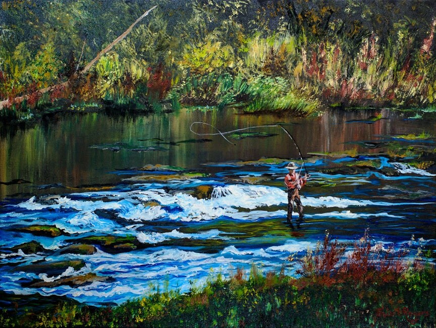 Fly fishing oil painting Trout art Man cave wall art Rustic