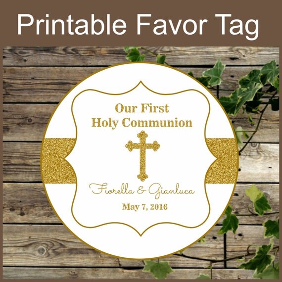 Gold and White First Holy Communion Printable Favor Tag