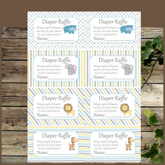 Safari Diaper Raffle Printable Tickets / Blue and Yellow Baby