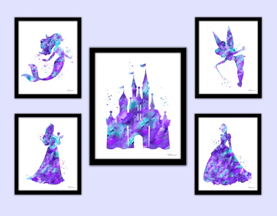 Princesa aqua púrpura impresión, violeta Disney princess set, princesa acuarela arte, castillo, silueta de Cenicienta, Sirenita, Tinkerbell