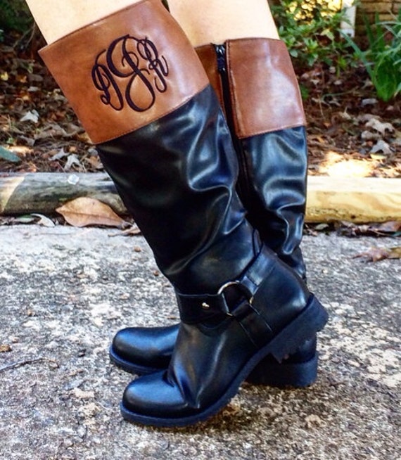 monogram plaque long leather boots