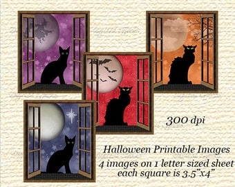 HALLOWEEN Digital Collage Sheet, Black Cat Halloween Tags, Black Cat Silhouette Black Cat Images,Halloween Labels,Printable Halloween Cards