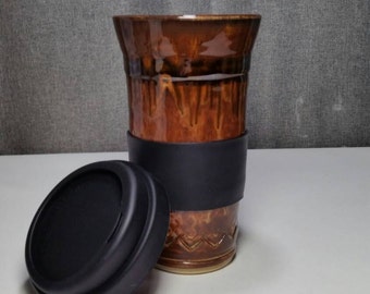 Made to Order(up to 3 weeks)***Ceramic Travel mug / Commuter mug with silicone lid - Orange Amber