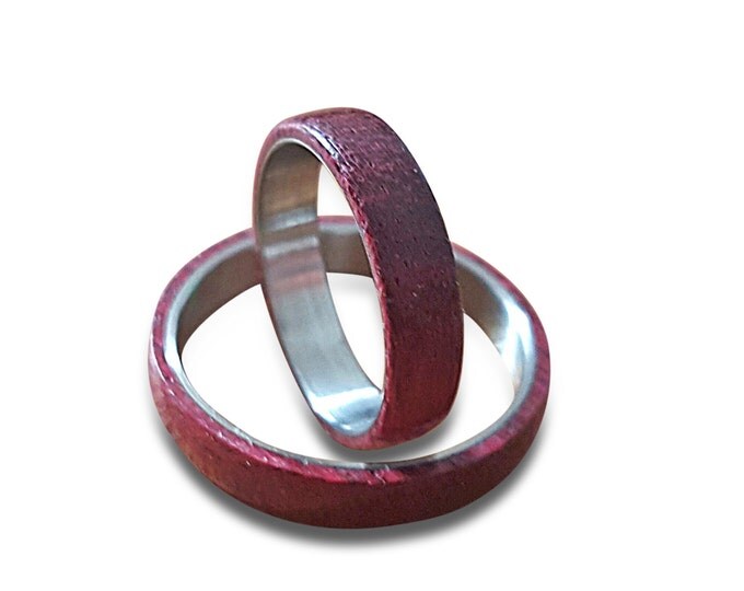 Wedding Ring Set, His and Hers Wedding Rings, Amaranth wood and stainless steel ring unisex wood ring