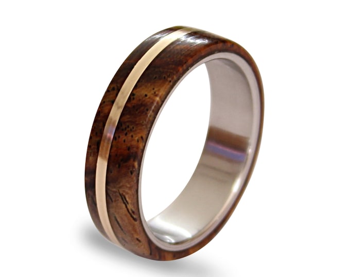 Women's titanium ring with cocobolo wood and bronze pinstripe