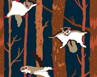 Flying Squirrel Fabric, Ramble & Roost Y1739-93 Clothworks Organic Cotton, Blue Squirrel Quilt Fabric, Woodland Fabric, Sugar Glider Fabric