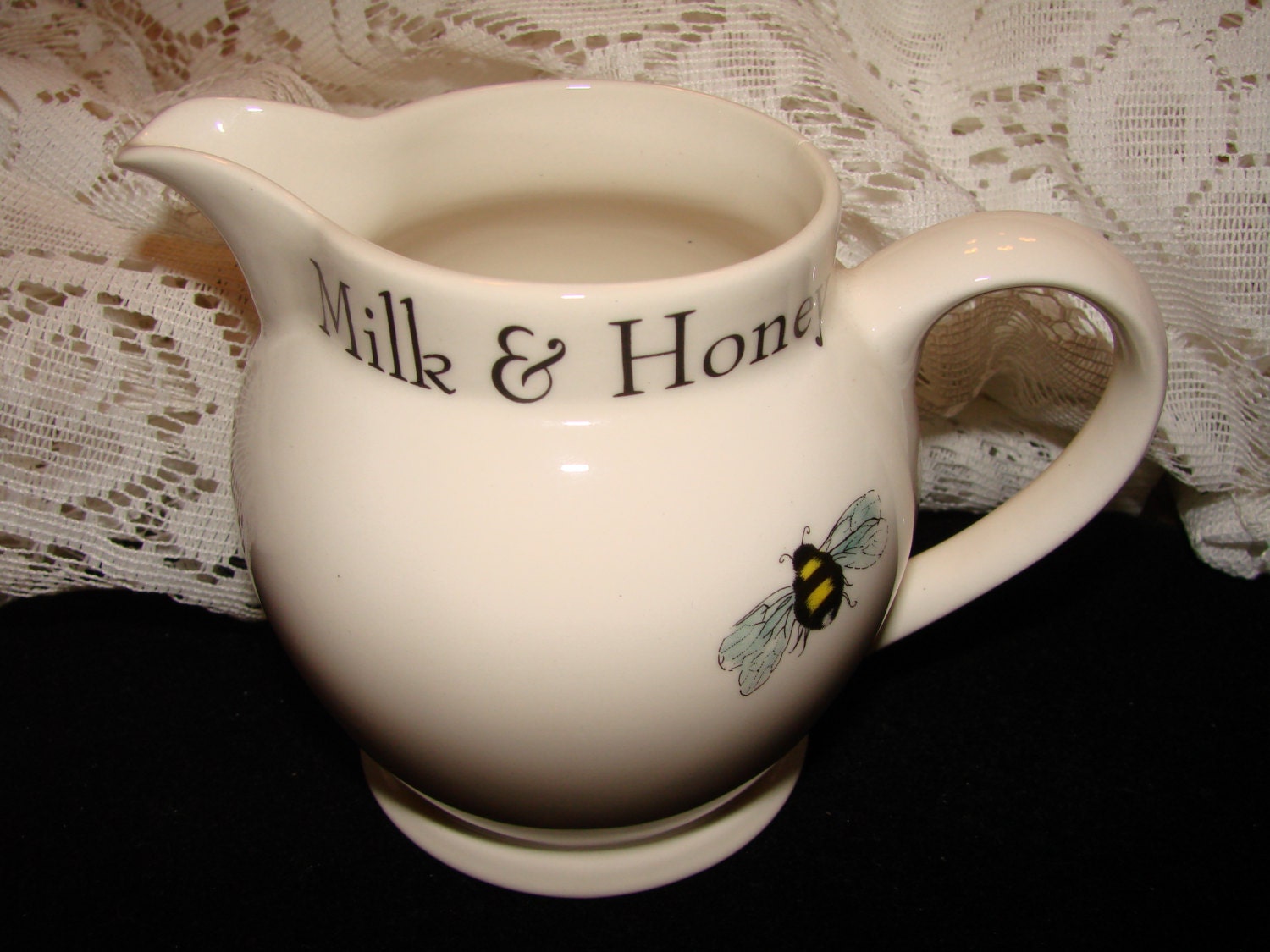 Vintage Small Ceramic White Milk & Honey Creamer With Bumble