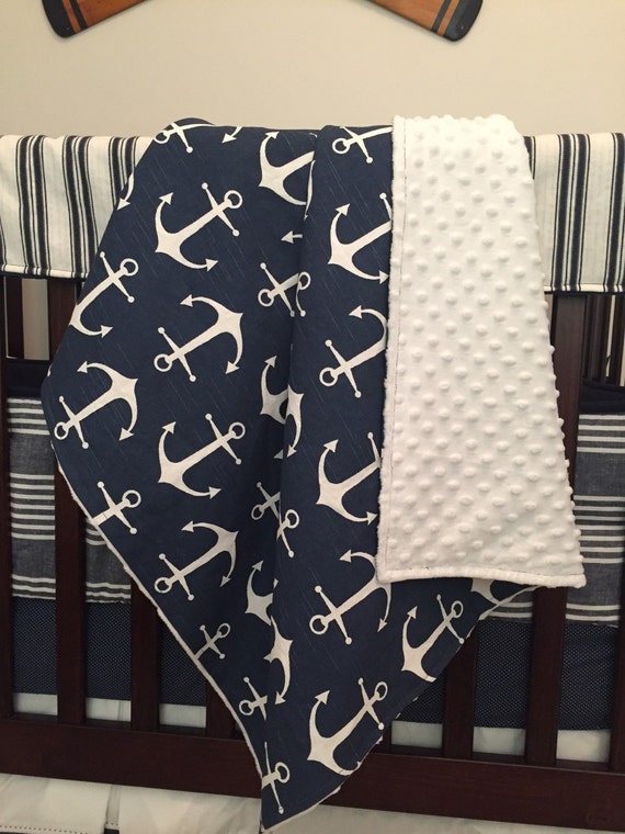 Items similar to Anchor Blanket with white minky dot, Navy blue baby
