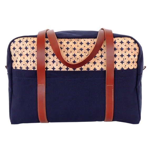 Cork Overnight Bag in Tan and Navy Small Duffle Bag by SpicerBags