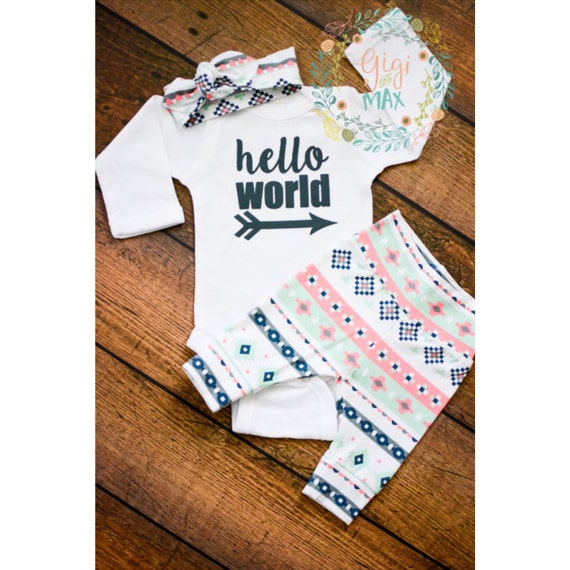 Newborn Baby coming home outfit Pink Mint Charcoal theme hello world baby shower gift new baby set going home from the hospital outfit