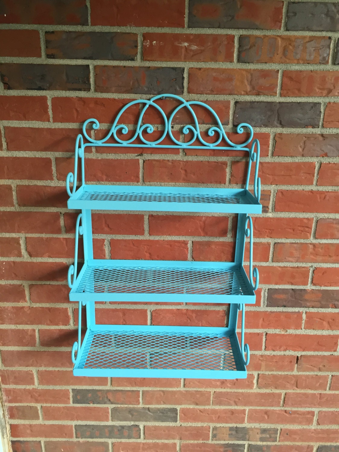 Vintage Wrought Iron Hanging Shelves 3 Tiers Aqua Turquoise Bathroom