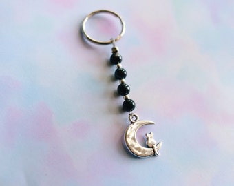 Kitty On The Moon Marble Beaded Keychain