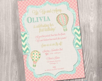 Hot air balloon invitation - Shabby chic invitation - First birthday invitation - vintage hot air balloon invitation - printable invitation