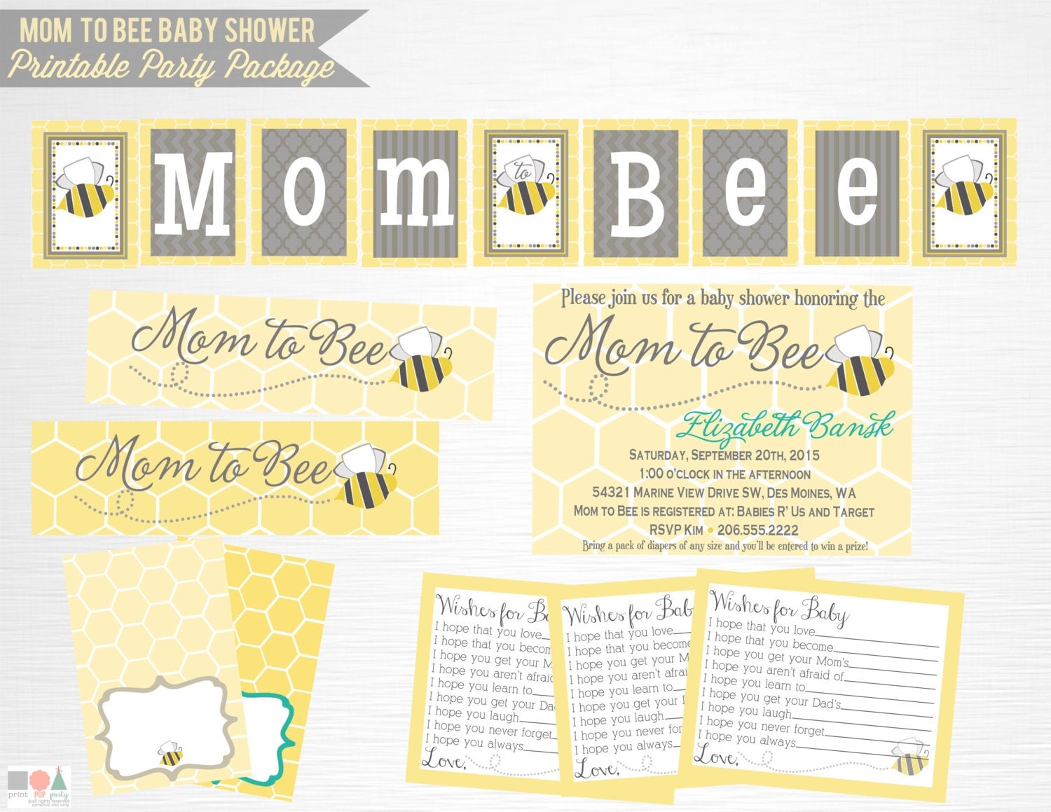 Mom to Bee Baby Shower Printable Party Package YOU Print