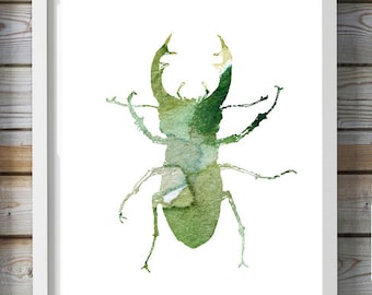 Stag Beetle Art - Watercolor Painting - Giclee Print - Green blue Home decor Insect - Animal painting bug illustration - Beetle Aquarelle