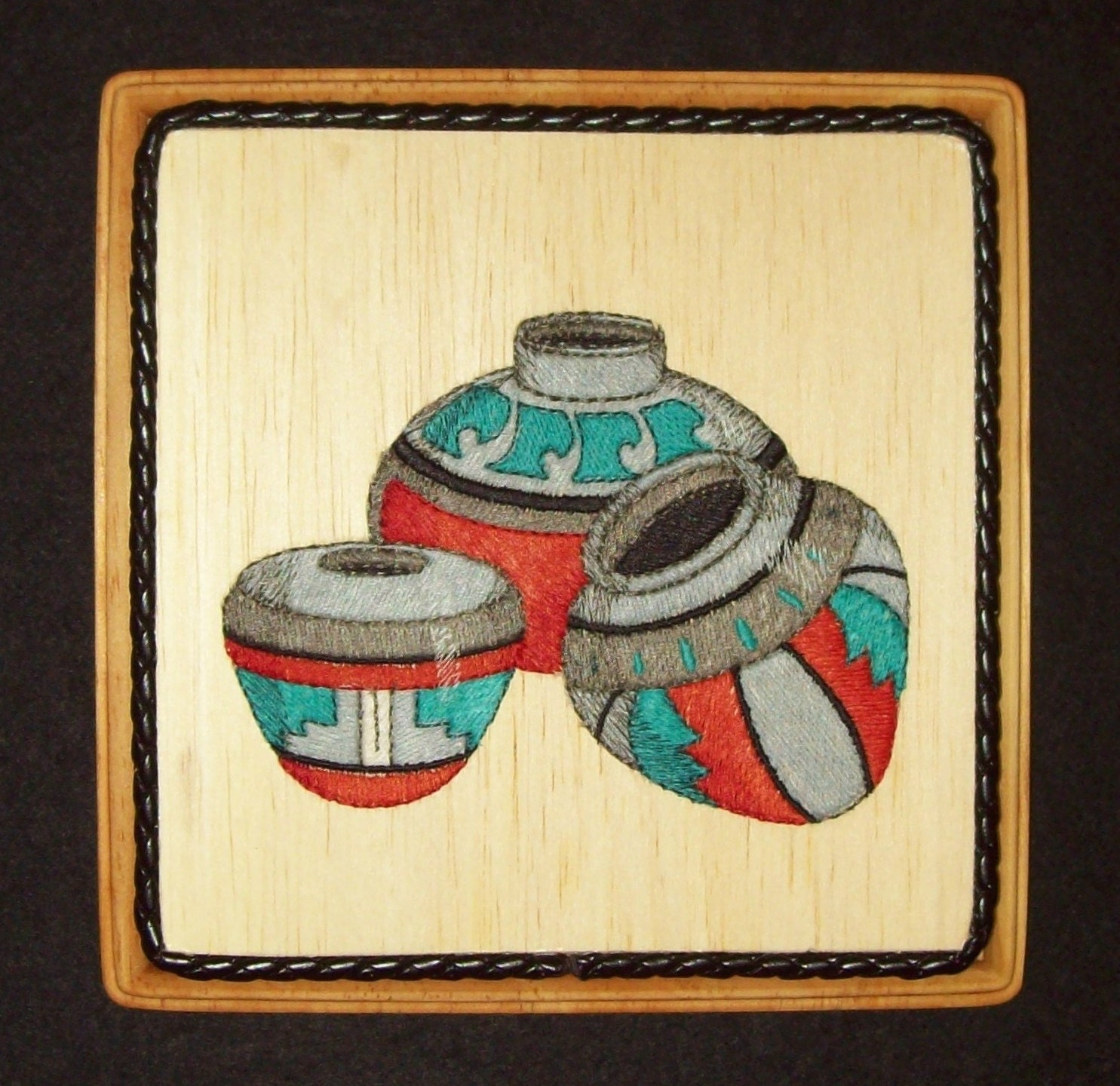 Southwestern Pottery Balsa Wood Embroidery Art by WitchezStitchez