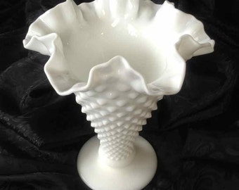 Vintage Fenton Hobnail Crimped Edge and Footed Milk Glass Vase - 1970's