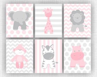 Pink and Gray Jungle Animals nursery Printable, Elephant Giraffe Hippo Lion Monkey Zebra, Jungle Animals Set of 6, 8x10, INSTANT DOWNLOAD