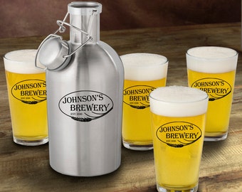 Stainless Steel Growler with Pint Glass Set - Personalized Growler Set - Man Cave Gift - Gifts for Him - GC1437