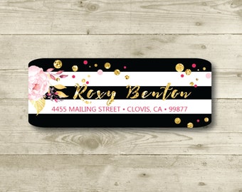 Black & White, Flower, Gold, Return Address Label, Personalized, MATTE, Watercolor Style, Glitter Style