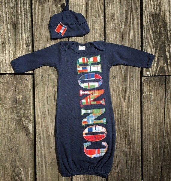 Boy name gown infant gown navy and plaid red plaid