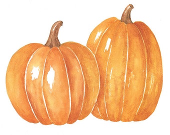 Two Watercolor Pumpkins PNG Clipart, 8x10 Watercolor Print Instant Digital Download, Fall Clip Art Printable Wall Art