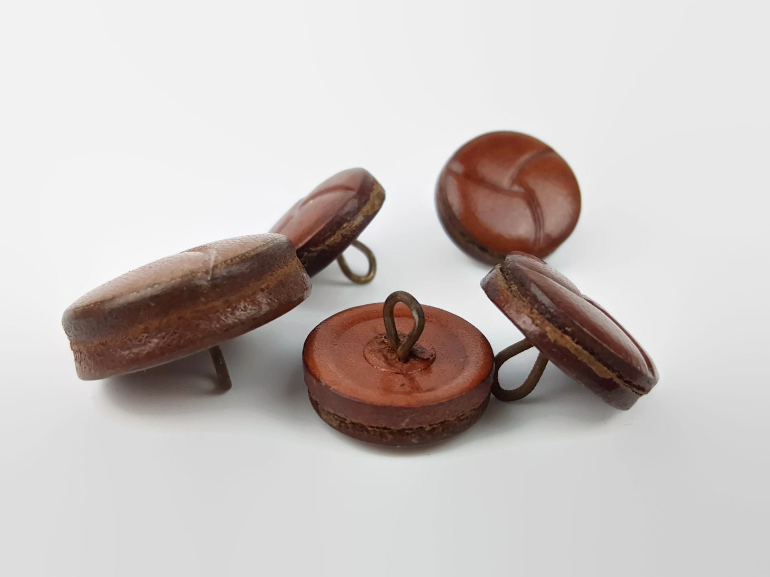 6 pressed leather vintage sewing buttons brown shank back 25mm 18mm