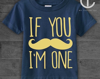 If You Mustache, I'm am One Funny - 1st First Birthday Toddler Infant Tee T-Shirt - Gold/Tan on Navy
