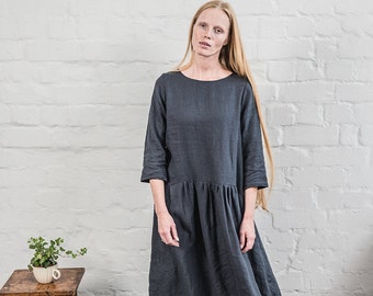 Linen loose dress with long sleeves / Washed and soft linen