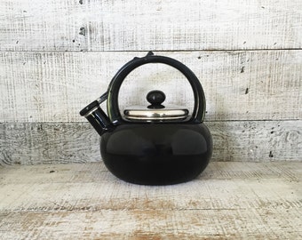 Enamel Tea Kettle Retro Black Metal Teapot with Resin Handle Vintage Whistling Tea Kettle Black Teapot Mid Century Retro Kitchen
