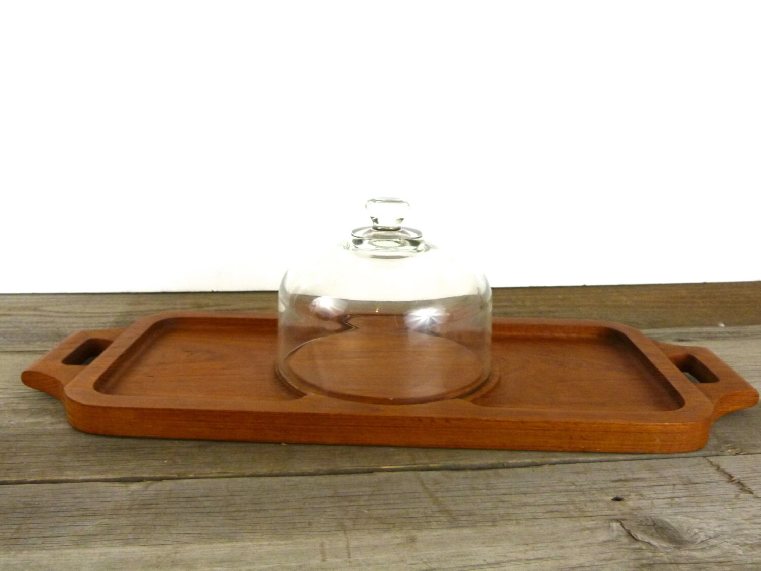 Vintage teak cheese plate with glass dome Teak tray Serving tray