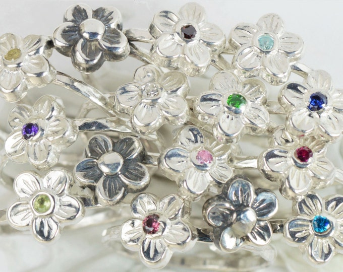 Small Flower Garnet Ring, Silver Garnet Ring, Garnet Ring, Forget Me Not, Flower Jewelry, Sterling Silver Flower Ring, Floral Ring, Garnet