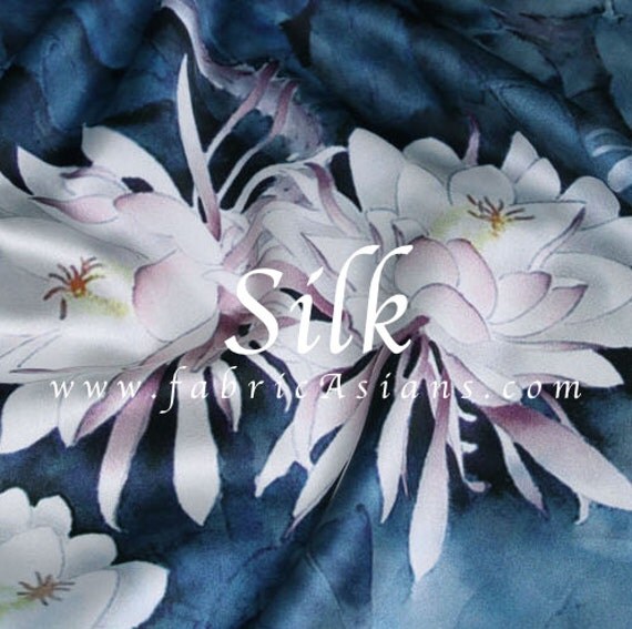 Lotus Silk Satin. Blue Floral Silk. Chinese Silk. by fabricAsians