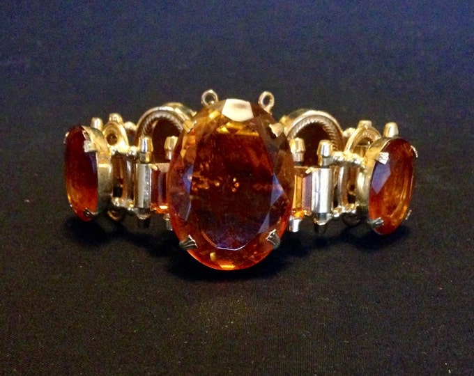 Storewide 25% Off SALE Vintage JUMBO Oversized Amber Rhinestone Designer Segmented Bracelet Featuring Sunset Oval And Square Focal Pieces In
