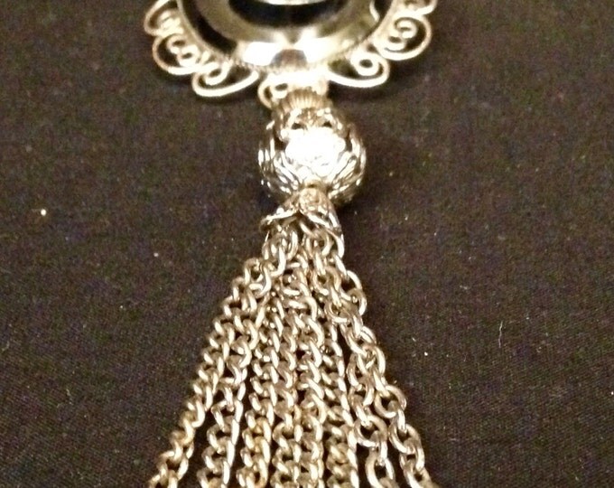 Storewide 25% Off SALE Vintage Silver Tone Designer Cameo Brooch Pendant With Matching Tassel Featuring Mirrored Lace Trim Design