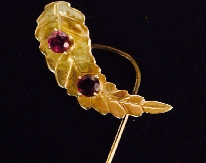 Storewide 25% Off SALE Vintage Solid 14k Gold Victorian Style Stick Pin With Amethyst Embellishments Featuring Textured Curved Leaf Design