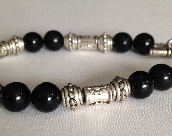 Storewide 25% Off SALE Vintage Silver Tone Barbell Segmented Black Beaded Bracelet Featuring Raised Design Accents With Toggle Clasp Closure