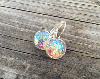 White Mermaid Scale Earrings, Mermaid Earrings, Leverback Earrings