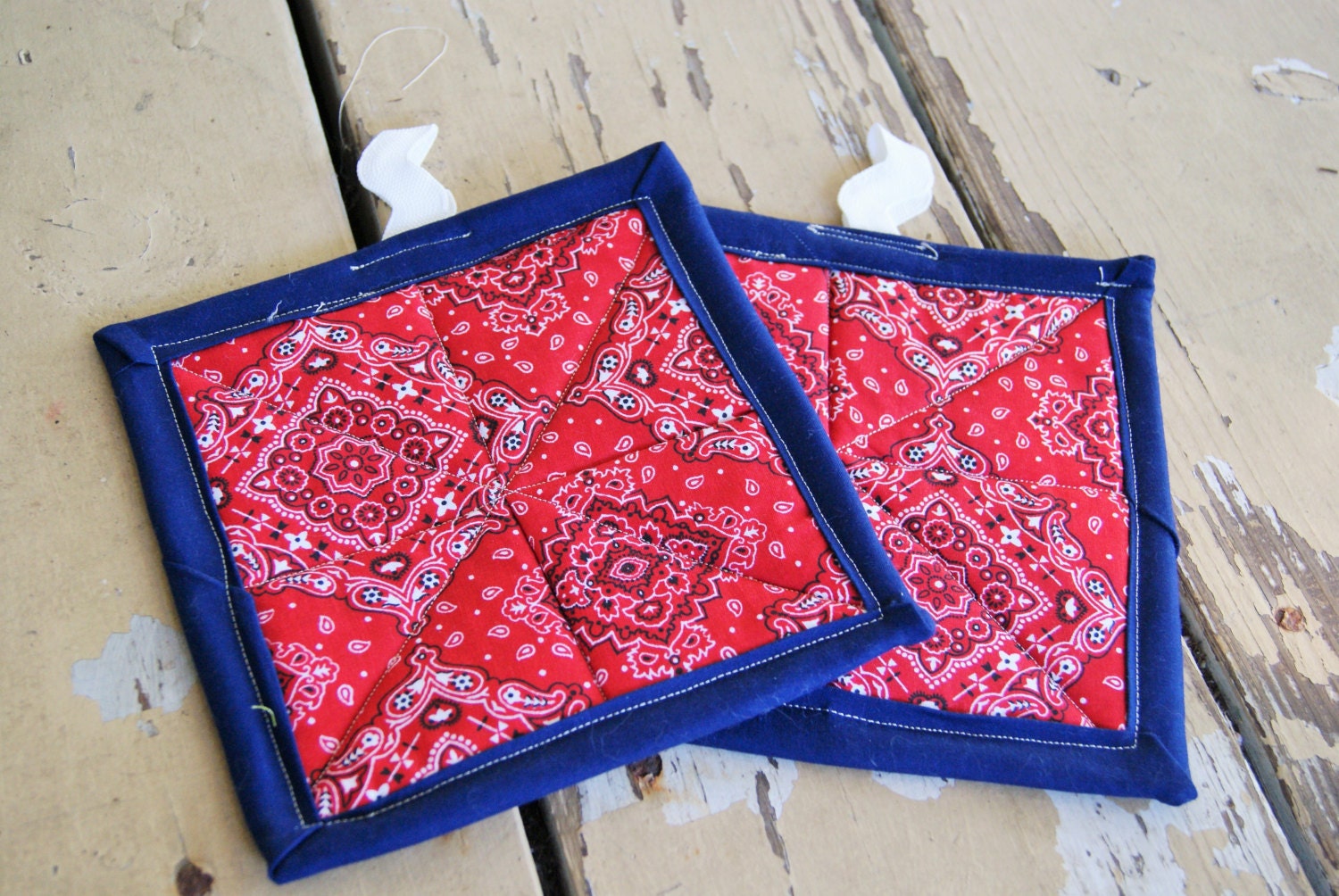 Download Fabric Hot Pads // Quilted Pot Holders // Red Bandanna Print