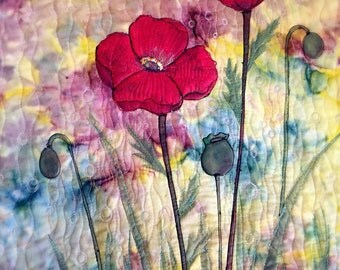 Handmade fiber art/handpainted quilting/fabric paint/wall decor--poppies