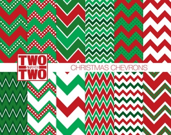 Christmas Digital Paper: "CHRISTMAS CHEVRON PAPER" in Red and Green for Holiday Scrapbooking, Invitations, Cards, Gift Tags and Wrap