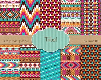 Tribal Digital Paper: "Colorful Tribal Patterns" with triangles, chevron, arrows, aztec digital paper, tribal designs