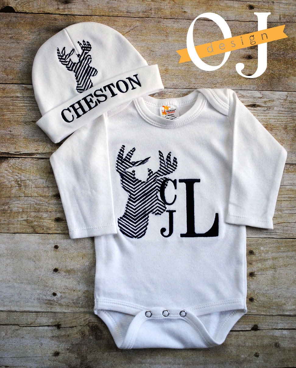 Personalized Baby Boy Deer Newborn Hat Onesie Name by ojdesign