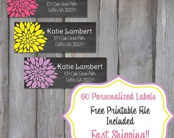60 Personalized Return Address Labels - Black Chalk & Flower Themed Address Labels - Fancy Return Address Labels