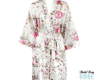 Floral Monogrammed Satin Robe, Floral Satin Robes, Personalized Floral Bridesmaid Robes
