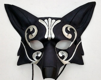 Ornate Silver and Gold Leather Fox Mask Black Kitsune Mask