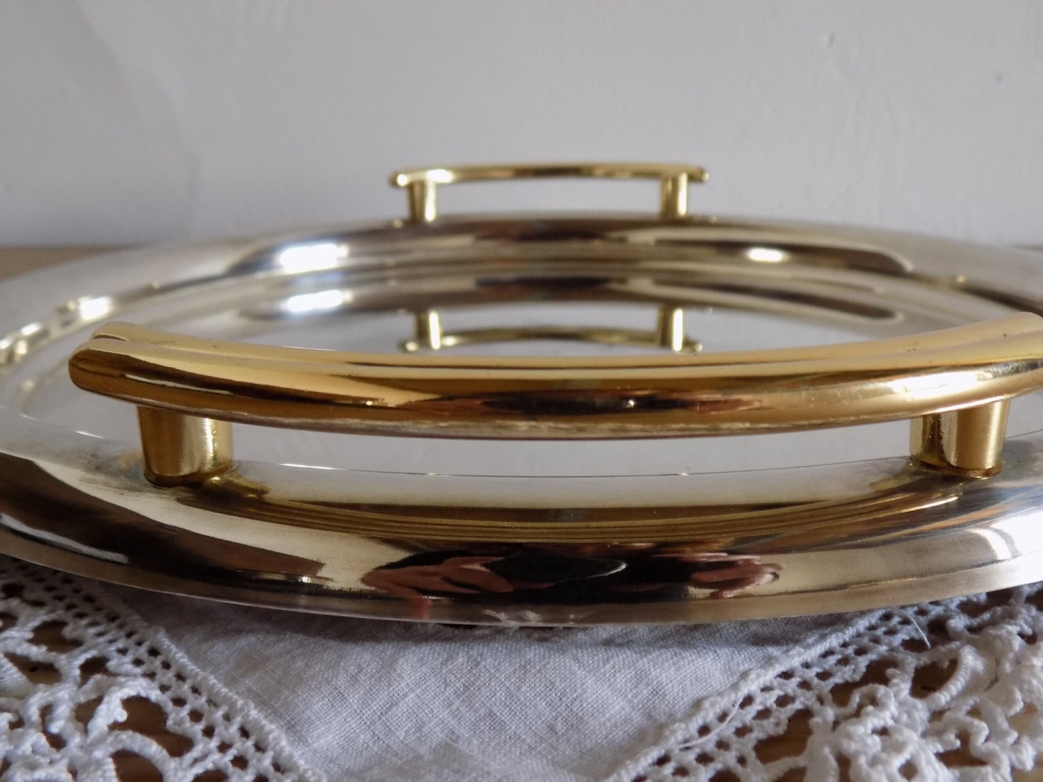 Stylish French vintage chrome round serving tray/ teatime tray