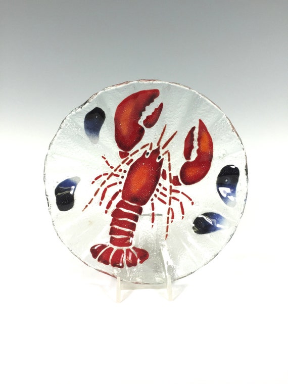 Lobster Bowl Fused Glass Dish Mussels Seashore Lobsters