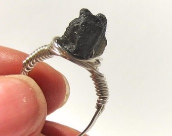 Meteorite Ring, Rough Moldavite Ring, Raw Stone Ring, Silver Wire Wrapped Ring , Rustic Ring, Raw Stone Ring, Choose Copper Wire, Cosmic